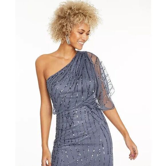 Adrianna Papell Sequined One-Shoulder Gown - Picture 2 of 14